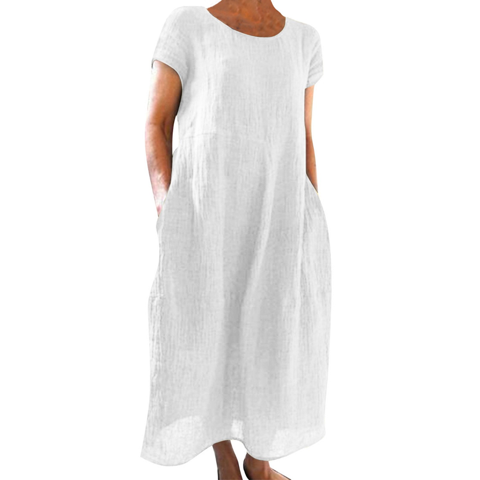 thumbnail image 2 of Vestido informal de mujer, de manga corta, cuello redondo, holgado y con bolsillos, en color liso., 2 of 5